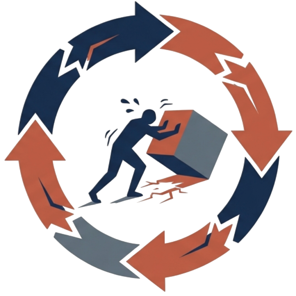 A silhouette of a person struggling to push a heavy square block inside a circular arrow loop, representing the repetitive and exhausting effort of fixing broken business processes.