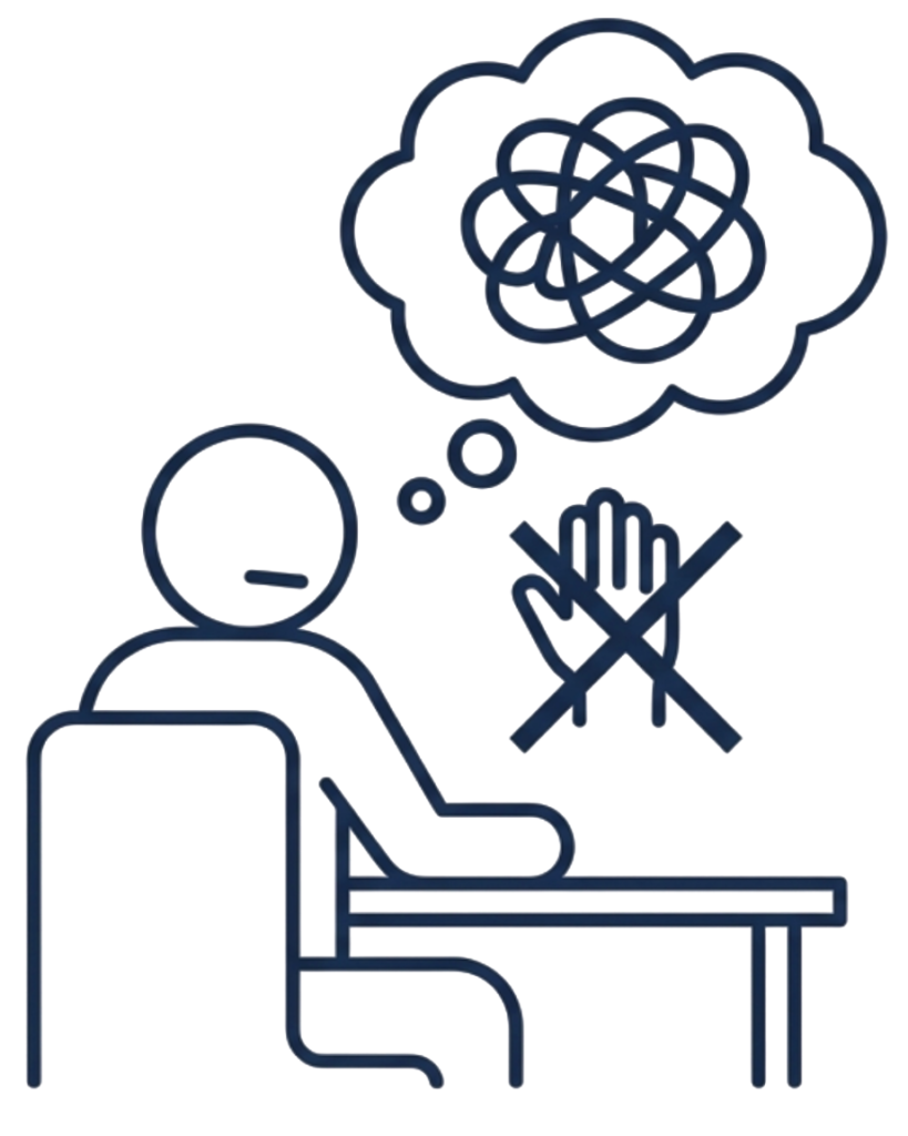 An icon of a person sitting at a desk with a tangled thought bubble, representing confusion, and a crossed-out hand, symbolizing the cultural barrier to asking for help.
