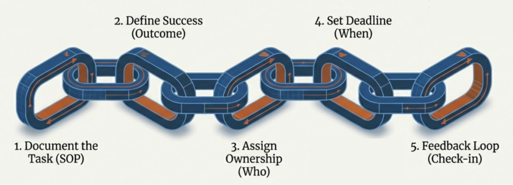 Chain diagram showing the five-step delegation process from SOP to feedback loop.