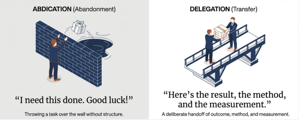 Comparison diagram showing abdication as task abandonment and delegation as a structured transfer of outcomes.