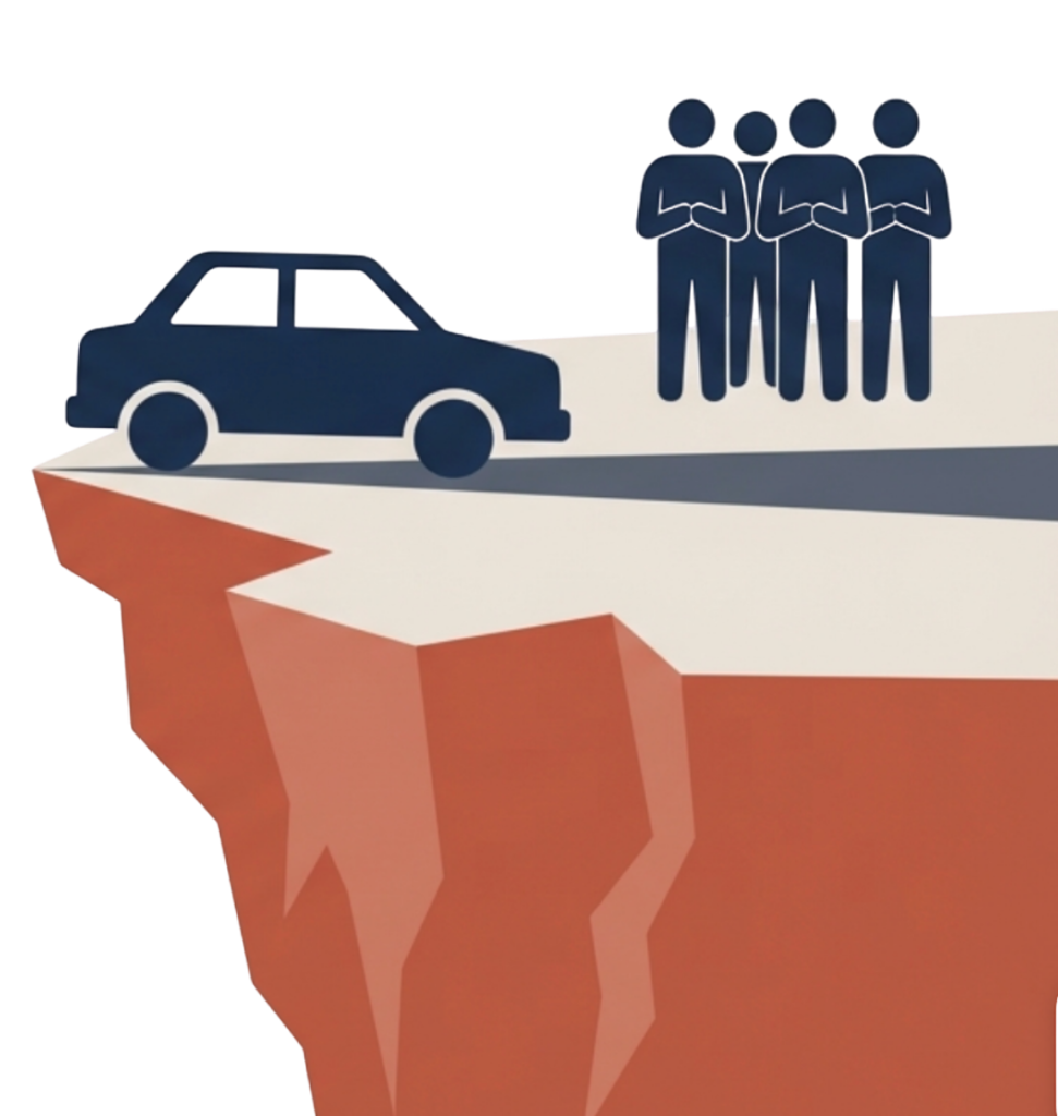 A silhouette of a car driving toward a cliff while a group of people stand by with their arms crossed, representing a team watching a business error occur without speaking up to maintain harmony.