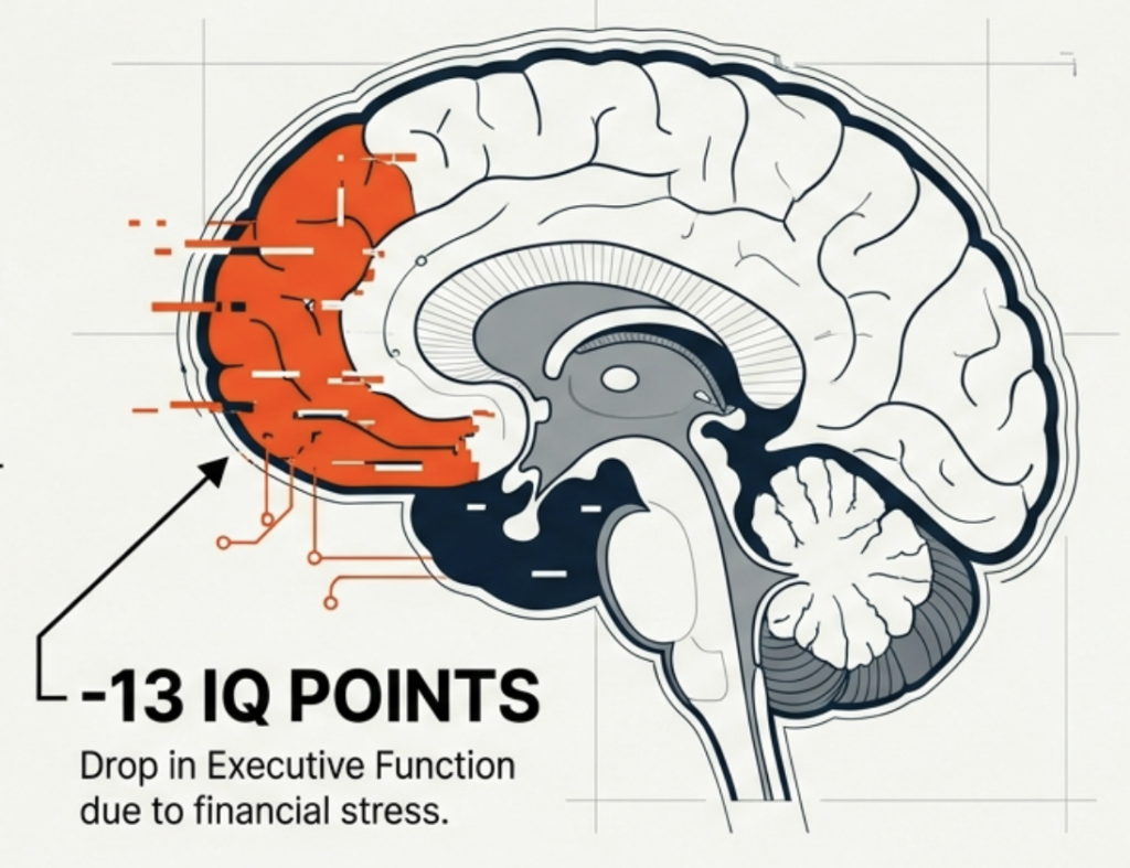 Cognitive Load of Poverty – 13 IQ Point Drop Illustration Illustration of a human brain highlighting a drop in executive function, showing that financial stress can reduce cognitive performance by 13 IQ points.