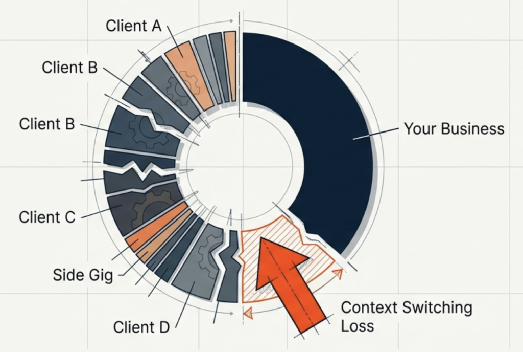Circular chart showing a virtual assistant’s time divided among multiple clients, highlighting the reduced focus on a founder’s business and the productivity loss from context switching.