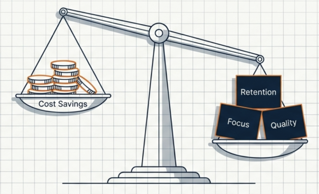 Illustration of a scale comparing cost savings on one side versus retention, focus, and quality on the other, showing that true value outweighs the lowest hourly rate.