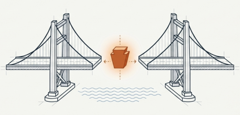 Illustration showing a structured task handoff between two systems, representing delegation versus abdication.