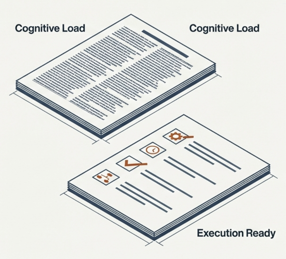 Comparison of dense SOPs causing cognitive load versus simplified training materials that are execution ready