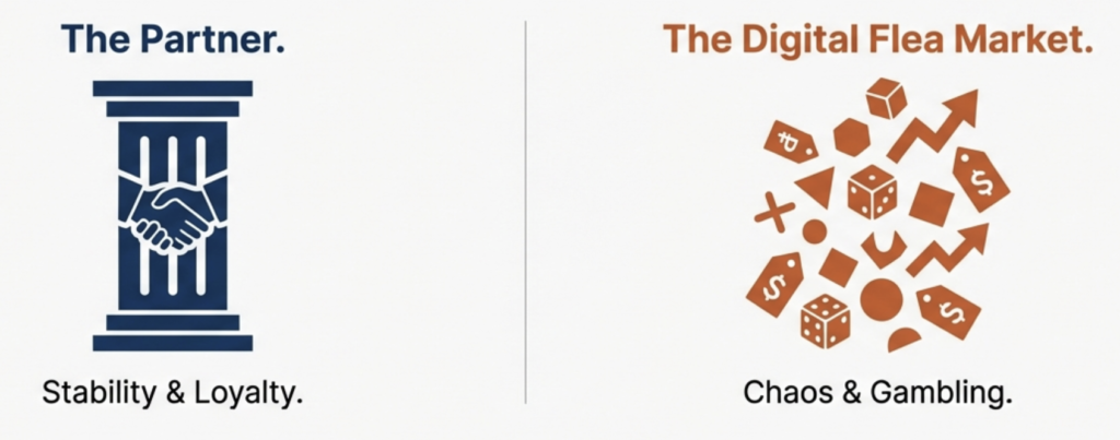 A comparison graphic showing "The Partner" represented by a solid pillar with a handshake symbol (Stability & Loyalty) versus "The Digital Flea Market" represented by a scattered cluster of price tags and dice (Chaos & Gambling).