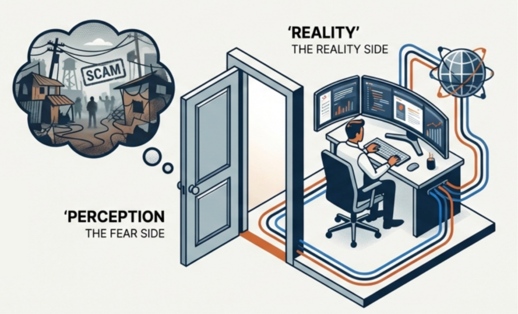 An illustration showing a doorway separating two sides: 'Perception' (The Fear Side) showing a dark thought bubble with a scam warning, and 'Reality' (The Reality Side) showing a high-tech, professional remote office setup with a global connection.