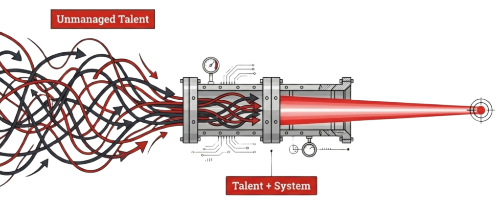 Diagram comparing chaotic unmanaged talent to talent focused by a system to stop Operational Drift.