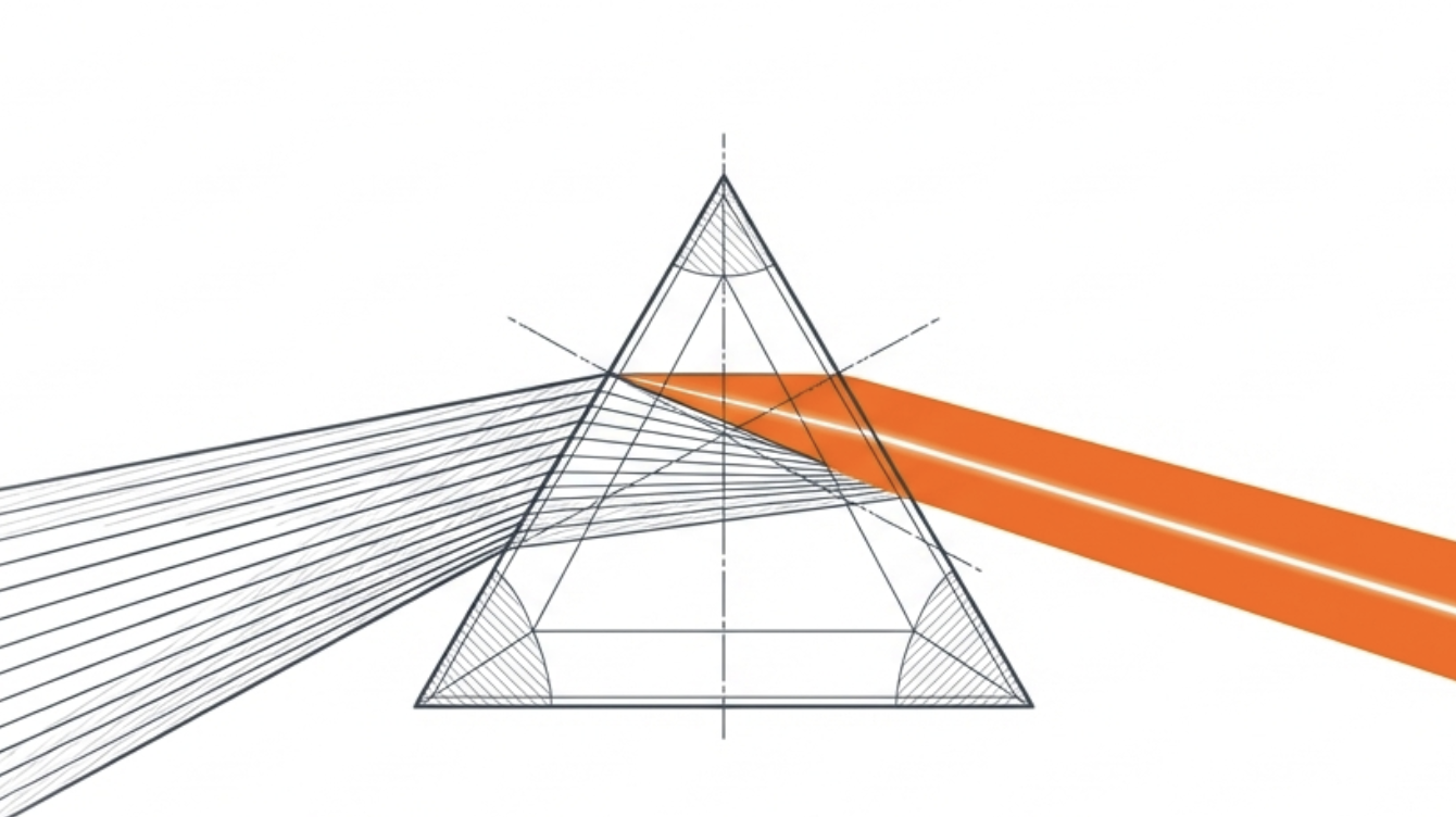 A technical diagram of a prism distilling multiple complex lines into a single thick orange beam, symbolizing leadership clarity